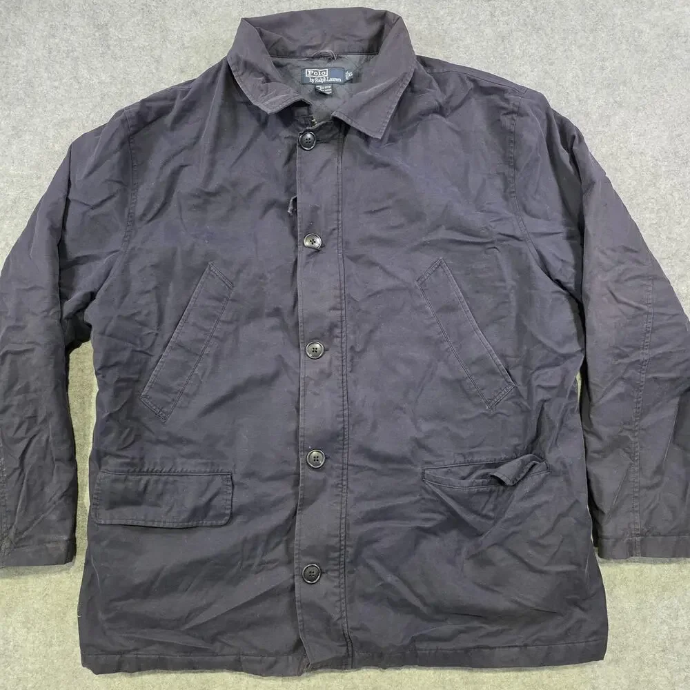VTG Polo Ralph Lauren‎ Jacket Mens XL Blue Quilted Canvas Full Zip Button Coat